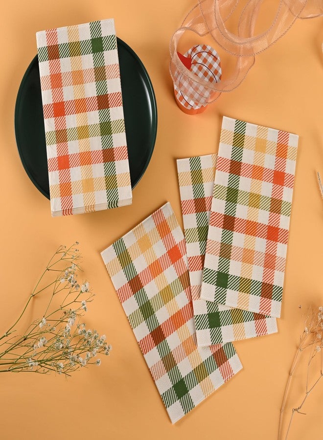 Elyxio 100 Fall Plaid Paper Napkins Autumn Colors Paper Hand Towels Thanksgiving Harvest Disposable Party Napkins Modern Farmhouse Orange Green Check Decorative Napkins for Party Supplies - Image 5